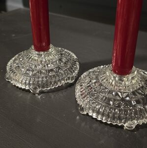 1940s, 50s LURING ANCHOR HOCKING 4 BALL FOOTED GLASS CANDLE HOLDER SET OF 2